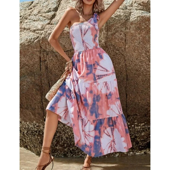 Shein Dress Women's Sz 4 Orange Tie Dye One Shoulder Layered Hem Maxi Smocked - Picture 3 of 10
